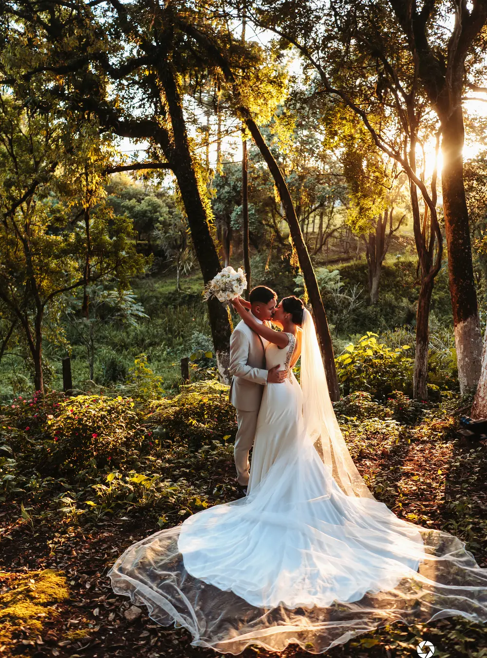Casal se beija no bosque da chácara com o sol do fim de tarde atravessando as árvores