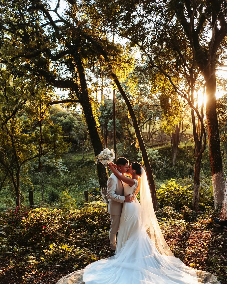 Casal se beija no bosque com o sol do fim de tarde